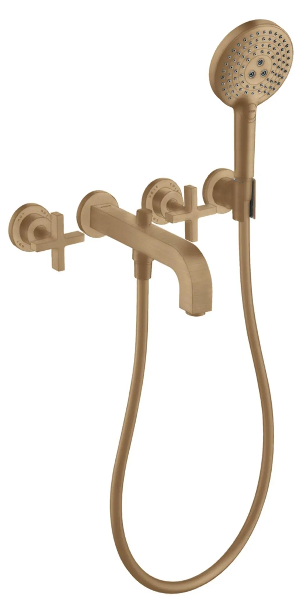 AXOR Wannenarmatur zur Wandmontage mit drei Kreuzgriffen und Handbrause, gefertigt in gebürstetem Bronze-Finish. Sie besteht aus einem Wasserhahnbereich und Verbindungsrohren.